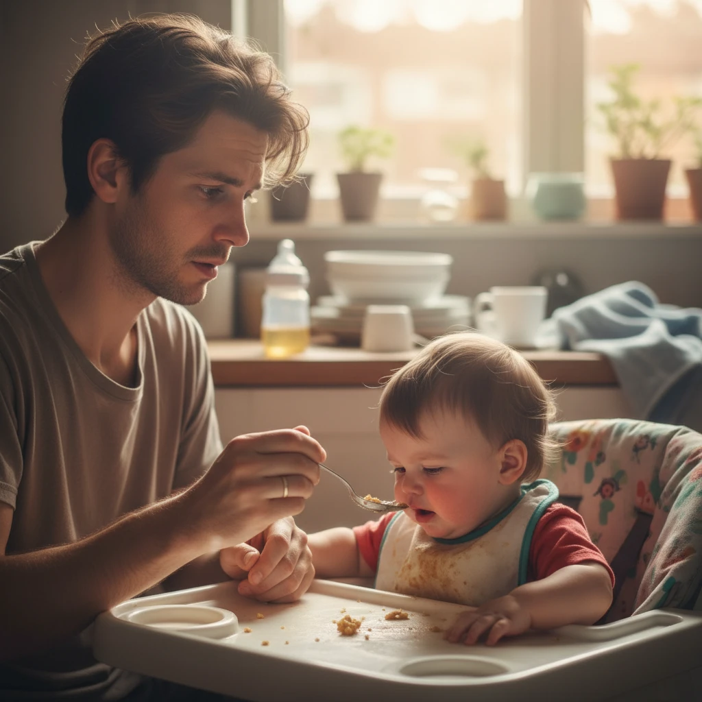 Child refusing food with concerned parent
