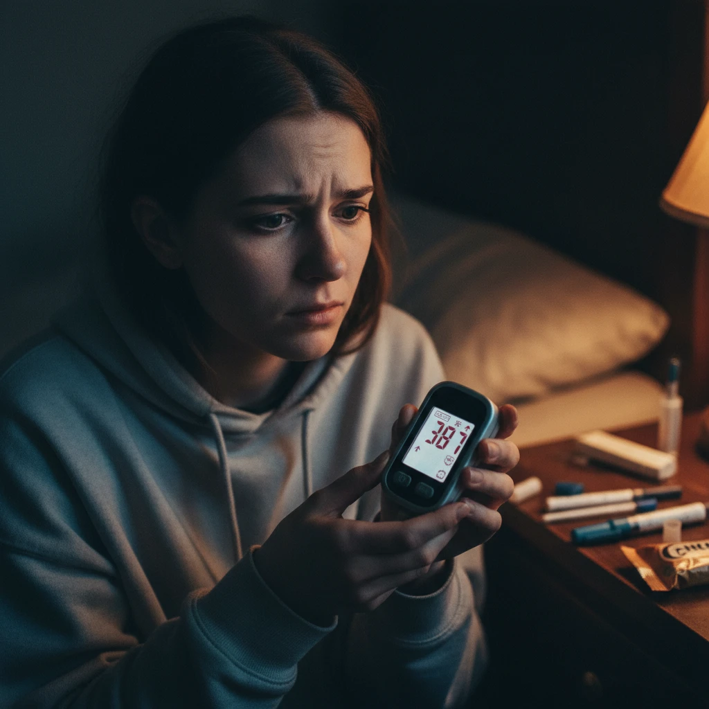 Woman stressed by high blood sugar reading