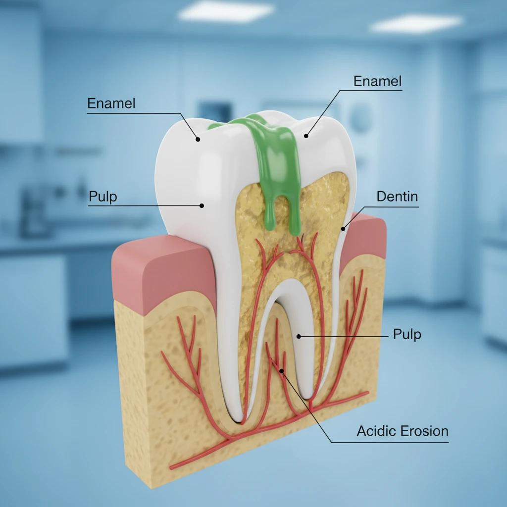 Diagram of stomach acid eroding tooth enamel