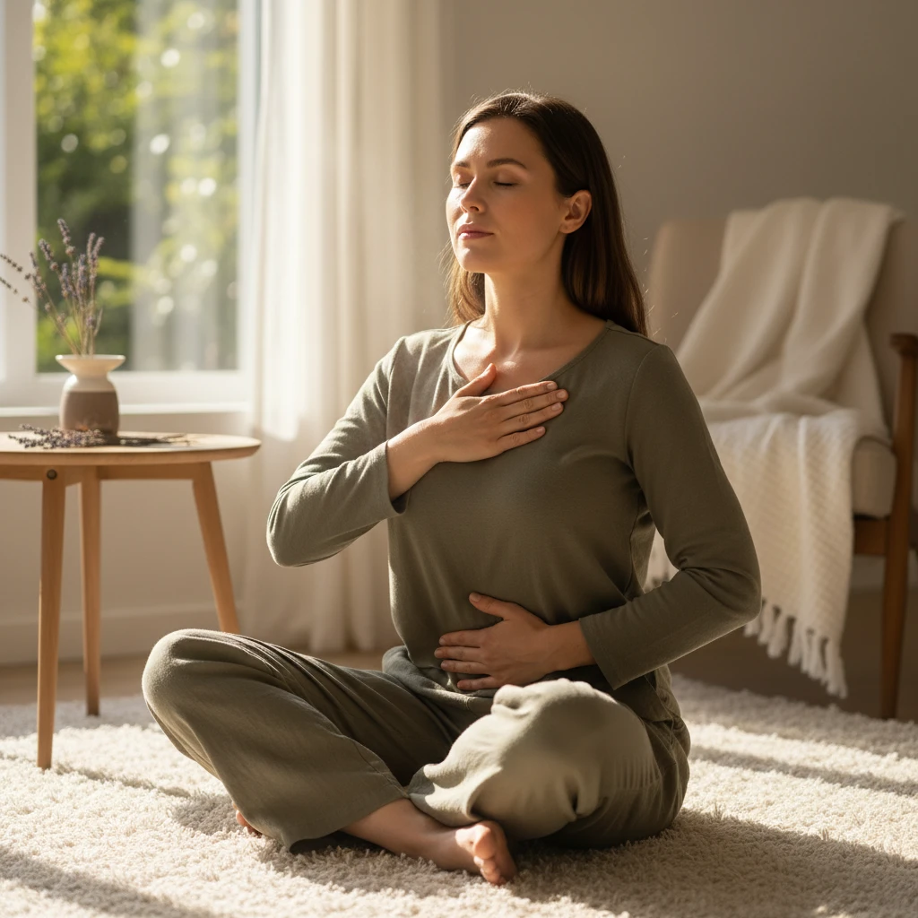 Woman practicing diaphragmatic breathing for rumination disorder recovery