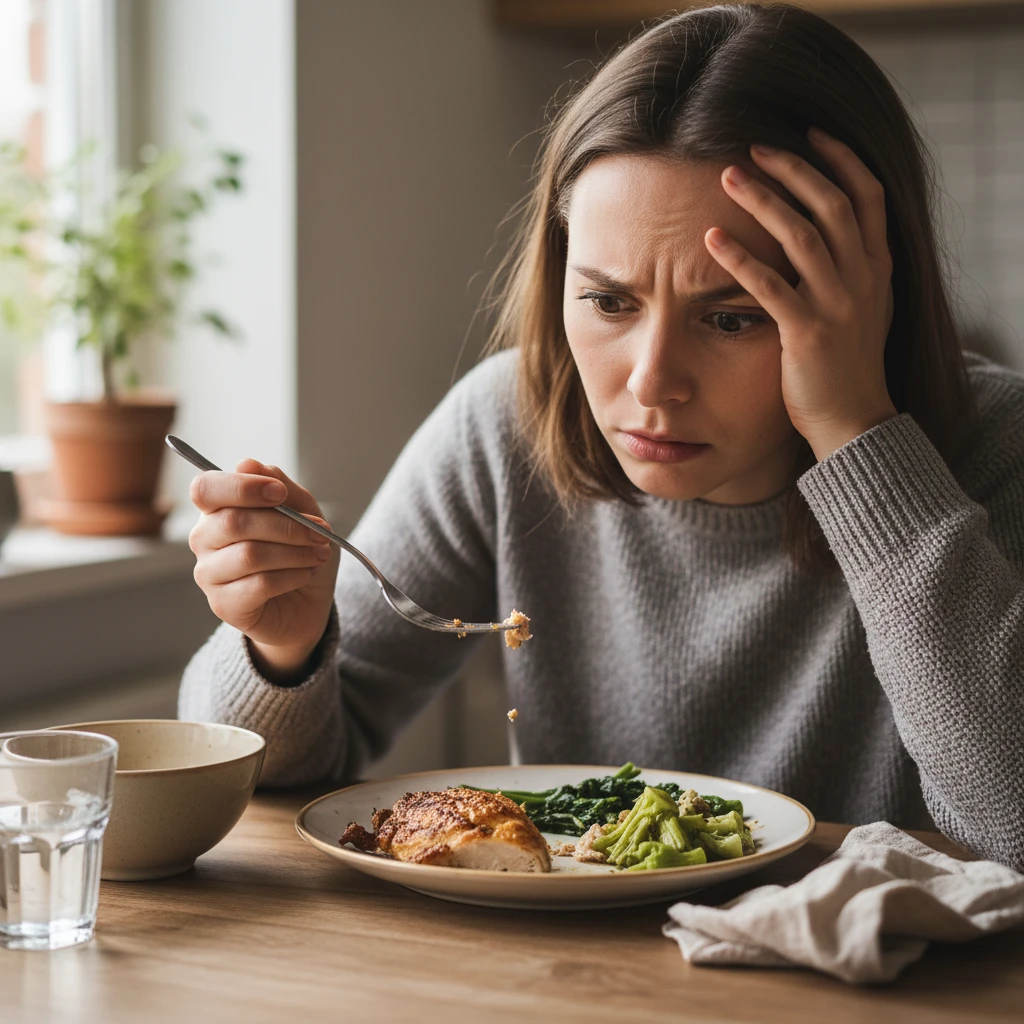 Person struggling with interoceptive awareness and satiety cues