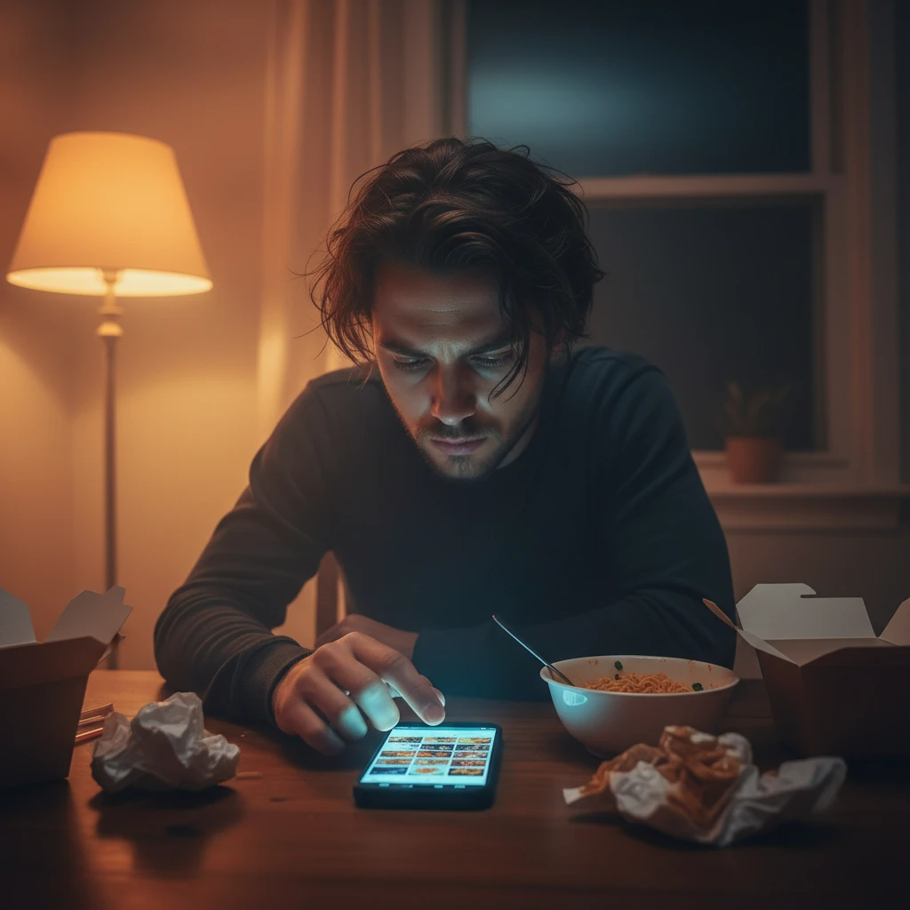 Person experiencing decision fatigue while looking at food delivery options