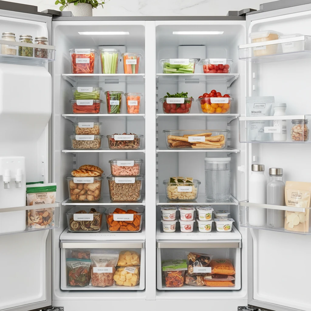 ADHD friendly fridge organization with clear containers and pre-prepped foods