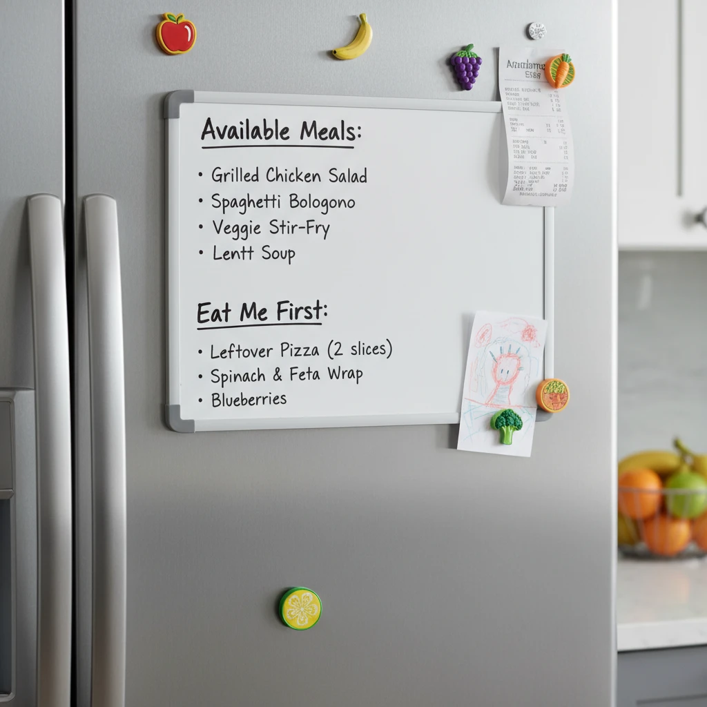 Whiteboard on fridge listing available meals to reduce decision fatigue