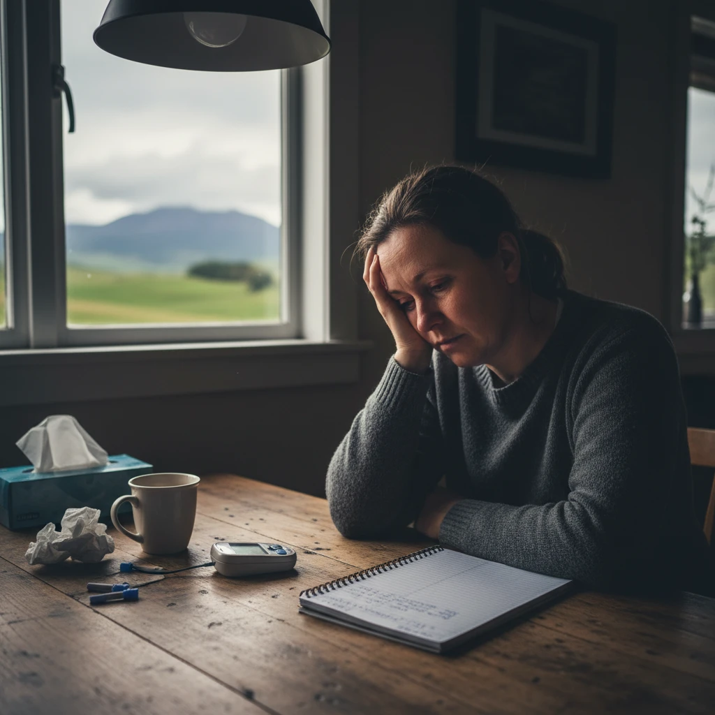 Person experiencing diabetes distress symptoms while checking blood sugar levels