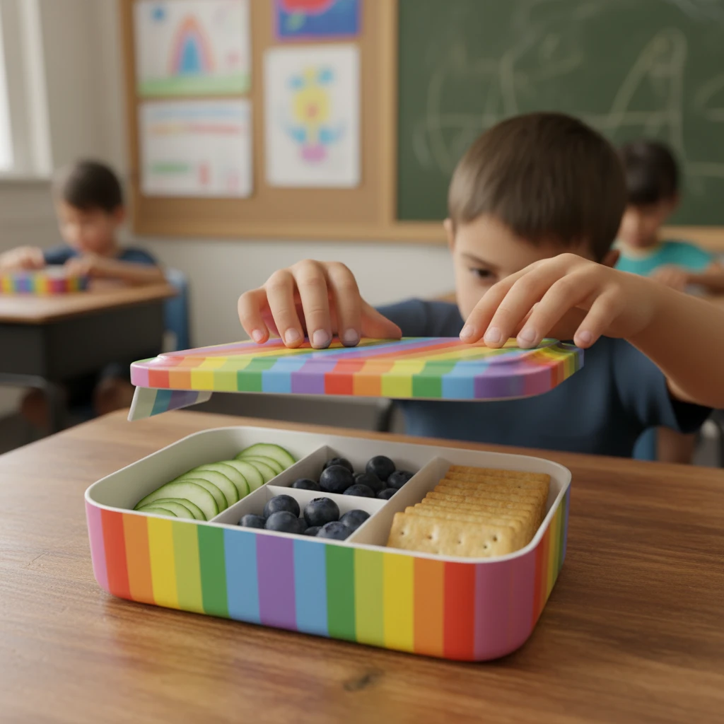 Child opening bento box with safe foods