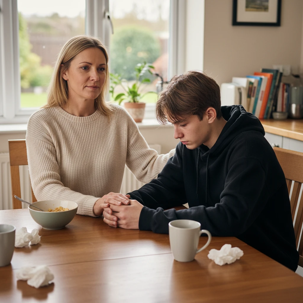 Parent supporting teenager during difficult meal