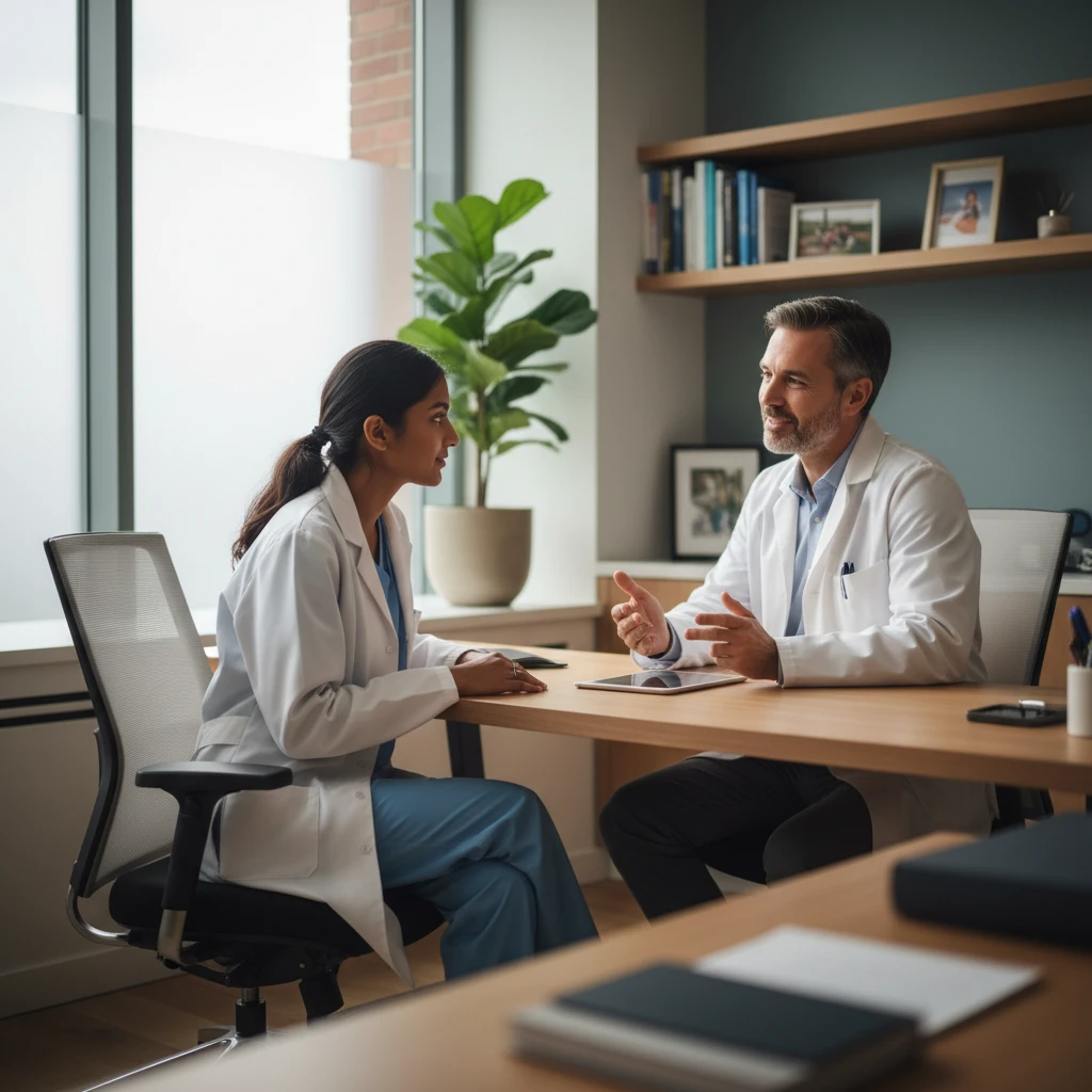 Doctor consulting with a student about health issues