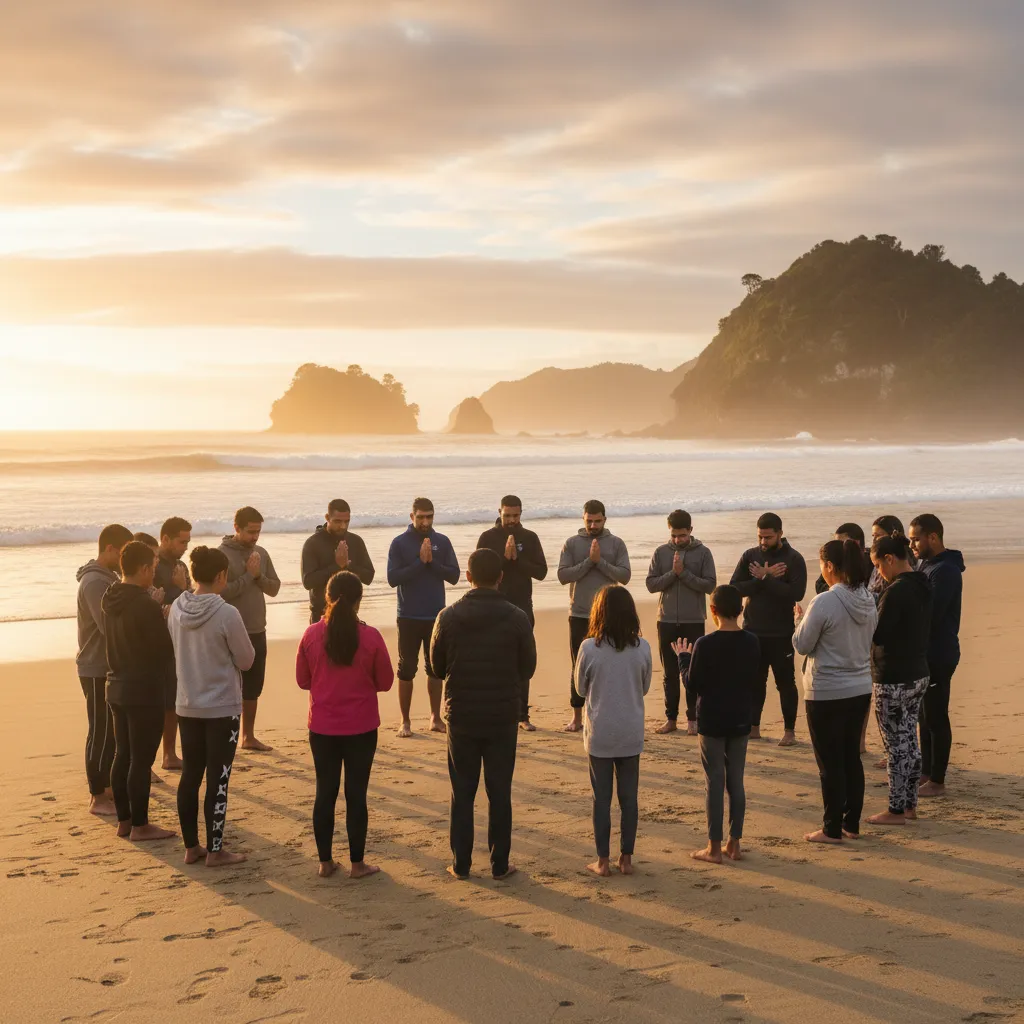 Group engaging in spiritual connection with nature for mental health recovery