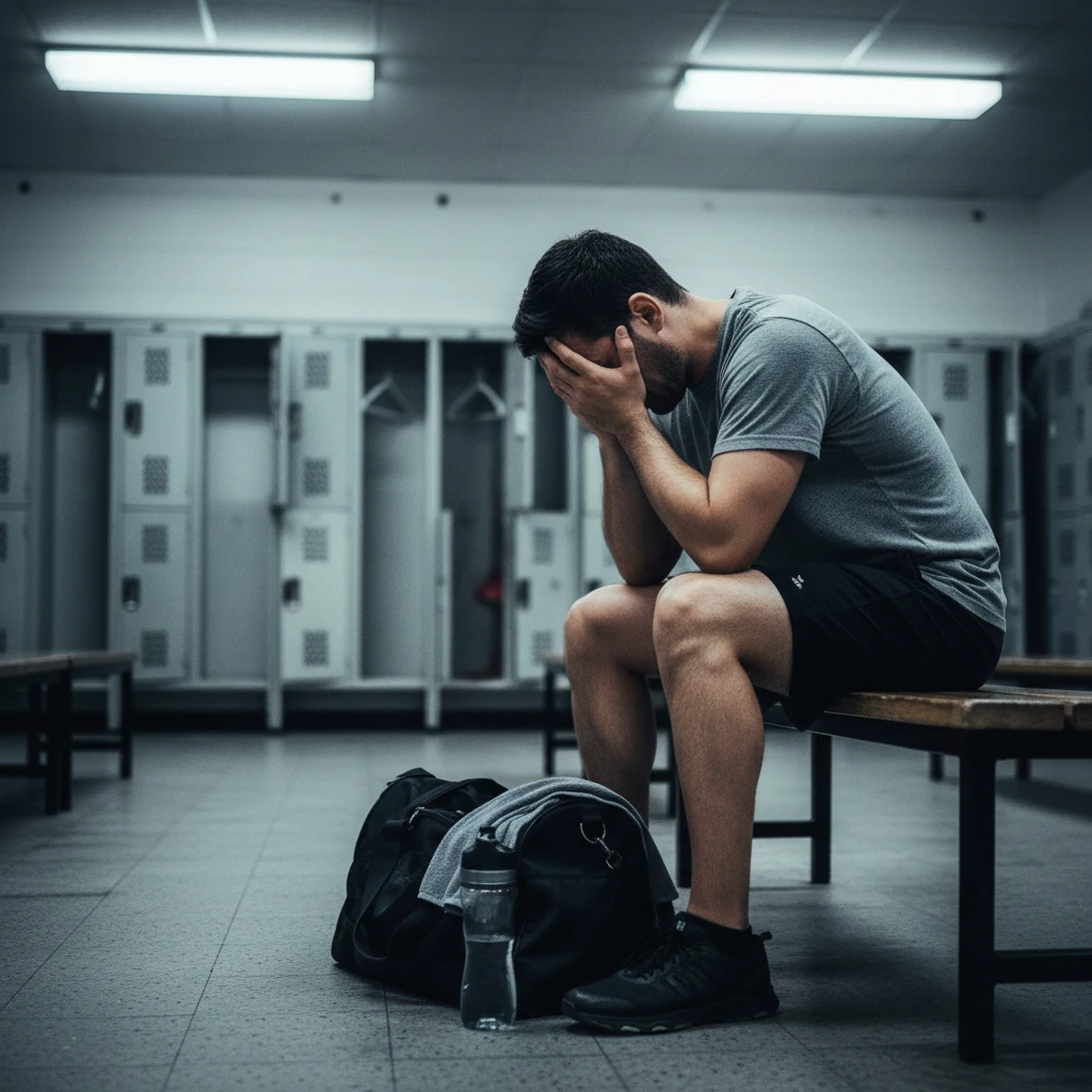 Man showing signs of anxiety and isolation in a gym setting