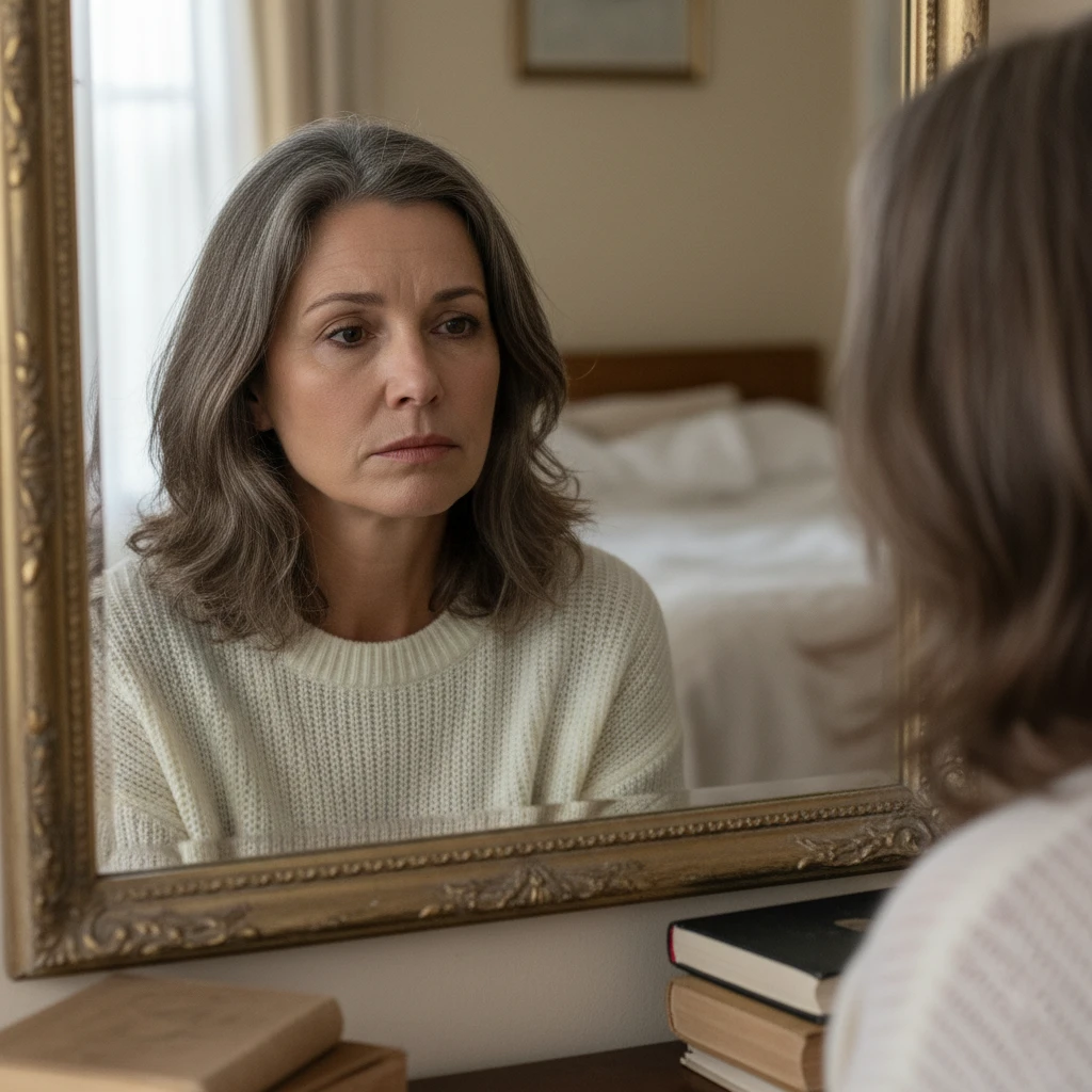 Midlife woman struggling with body image during perimenopause