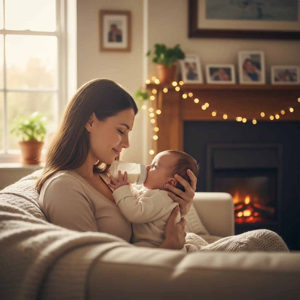 Mother bonding with baby while bottle feeding