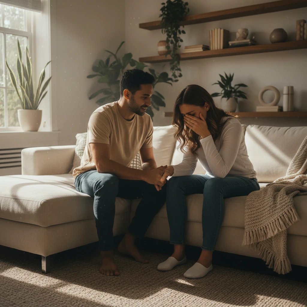 Partner providing emotional support during a difficult conversation