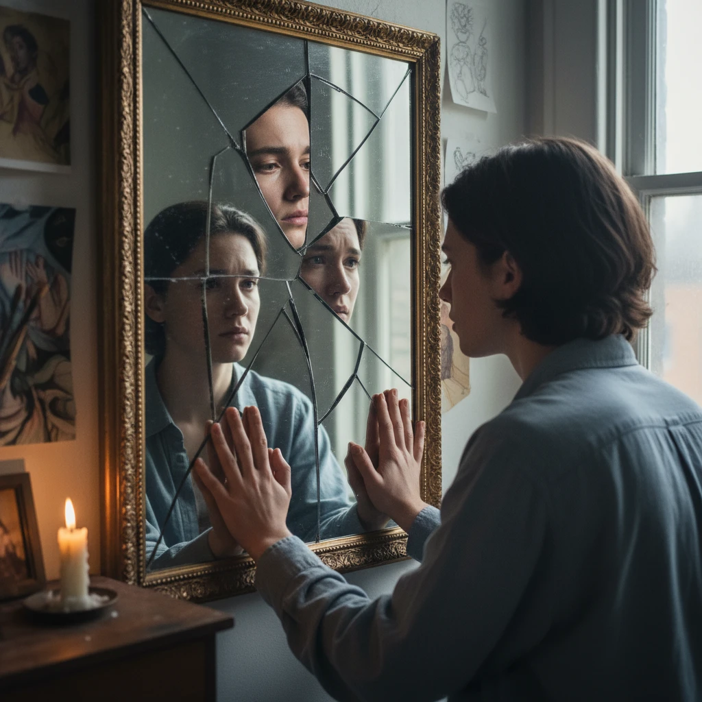 Reflection in mirror symbolizing gender dysphoria and body image struggle