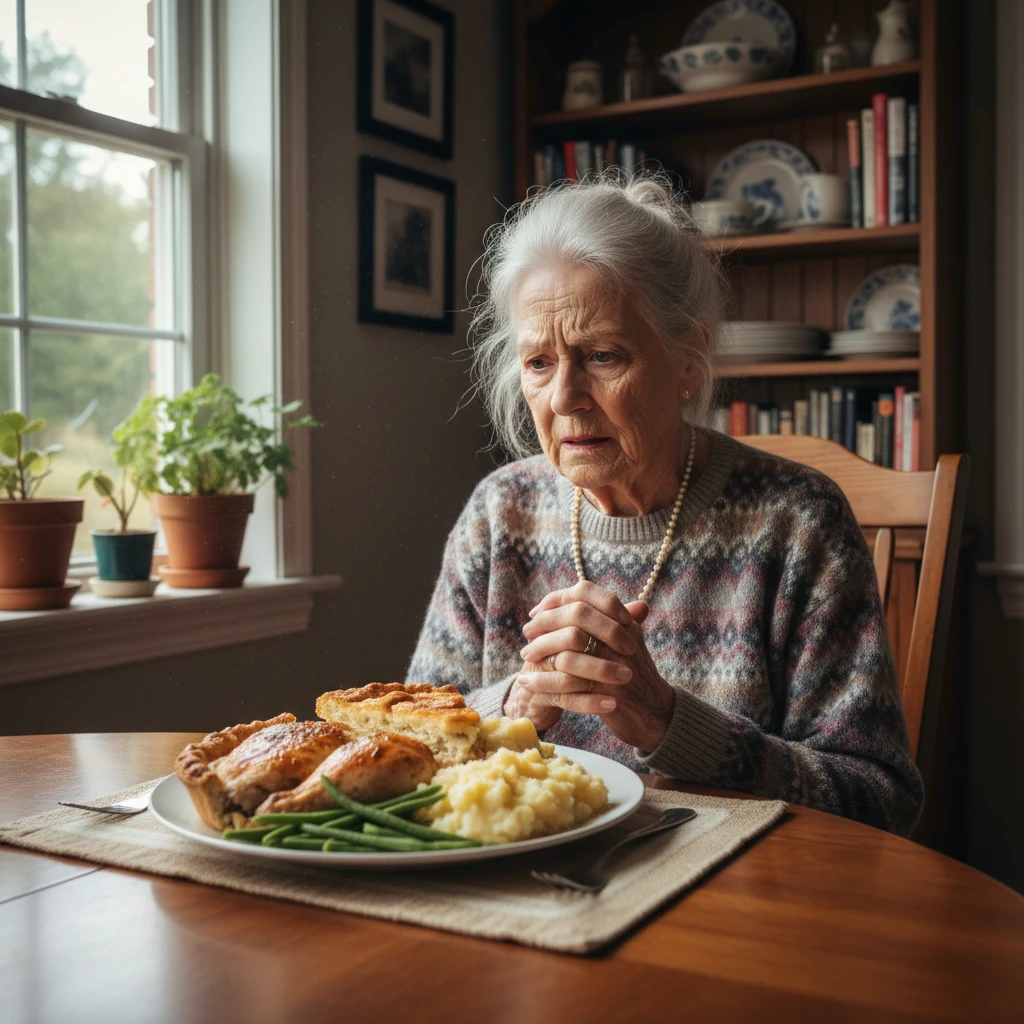 Elderly woman experiencing anxiety around food intake